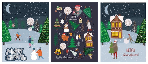 Vektorset aus Winterweihnachtsbäumen und Sonne, Schnee, Schneeflocken, Busch, Pandas, Wolken, Katzen und Geschenk zum Erstellen eigener Neujahrs- und Weihnachtsillustrationskarten