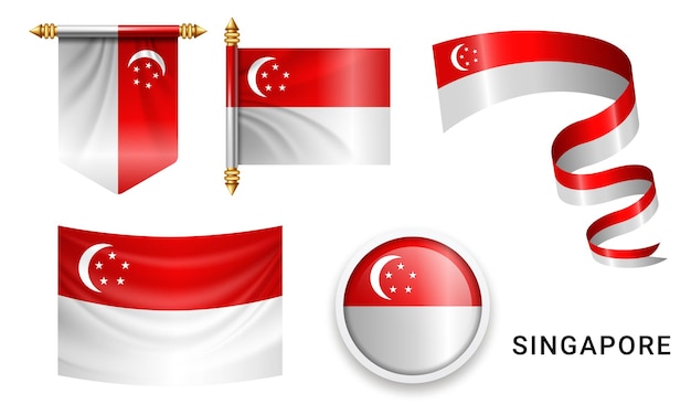 Vektorset der Nationalflagge Singapurs in verschiedenen kreativen Designs