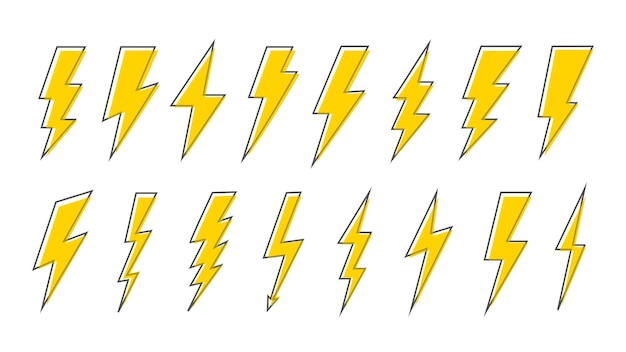 Vektor vektorset für blitzsymbole donner und bolzen flash-symbol blitz mit schwarzem rahmen im cartoon-stil