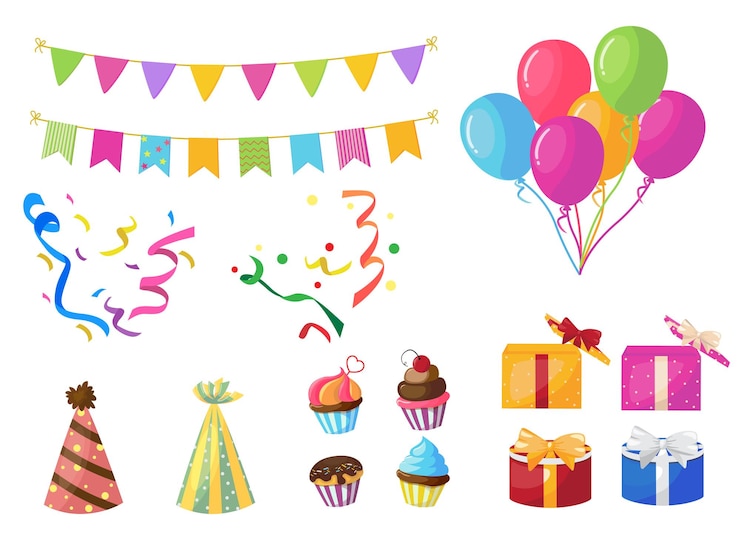 Vektor vektorset für geburtstagsfeierelemente flache objekte zum geburtstag wie bunte luftballons, wimpel und geschenke