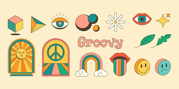 Vektorset mit psychedelischen clipart-aufklebern aus den 70er jahren. groovige retro-grafikelemente oder cartoon-hippie-symbole