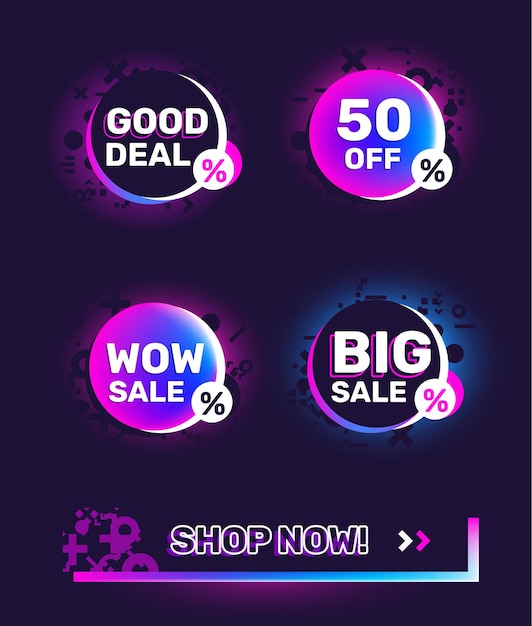 Vektorset mit trendigen grafischen Farbverlaufs-Neonfarben-Verkaufsabzeichen und Banner auf schwarzem Hintergrund. Verkaufsdesign für Web, Site, Banner, Werbung