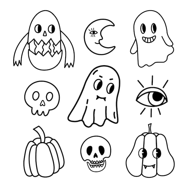 Vektorset mit trippigen Halloween-Doodle-Elementen Lustige und gruselige Halloween-Kreaturen-Liniensymbole