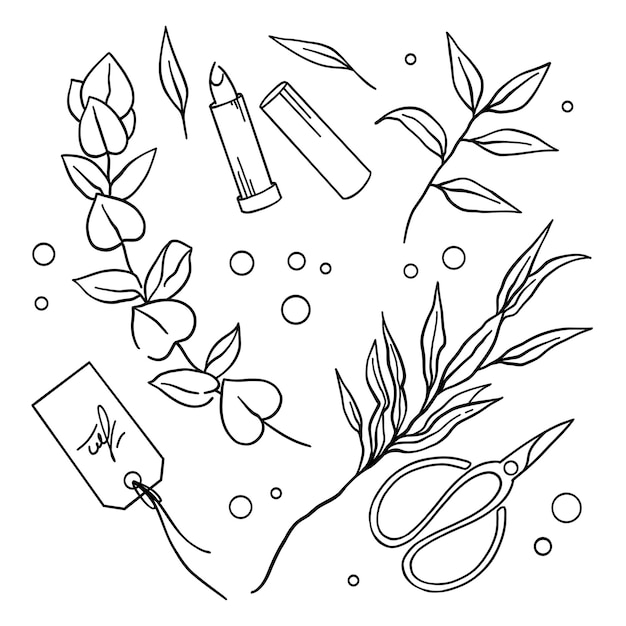 Vektor vektorset von illustrationen für floristenscherenzweige hinterlässt lippenstift-boutique-tag-silhouette mit einer linie