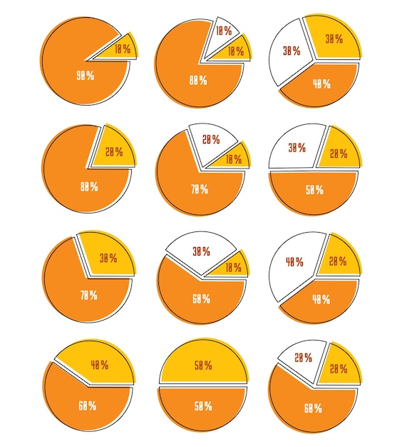 Vektor vektorset von infografikelementen aus kreisen, kreisförmigen diagrammen mit verschiedenen prozentsegmenten.