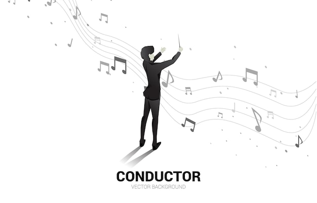 Vektor vektorsilhouette des dirigenten, der mit fliegender musiknote steht