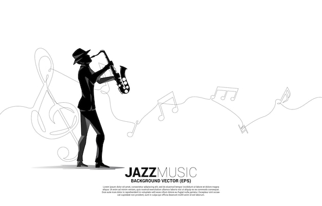 Vektorsilhouette des saxophonisten mit musikmelodienote aus einer einzigen zeile. konzepthintergrund für jazzlied und konzertthema.