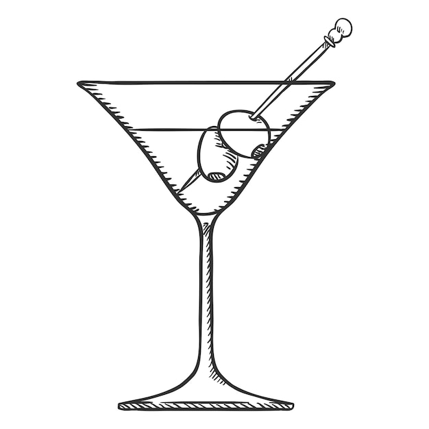 Vektorskizze Cocktailglas mit Martini und Oliven