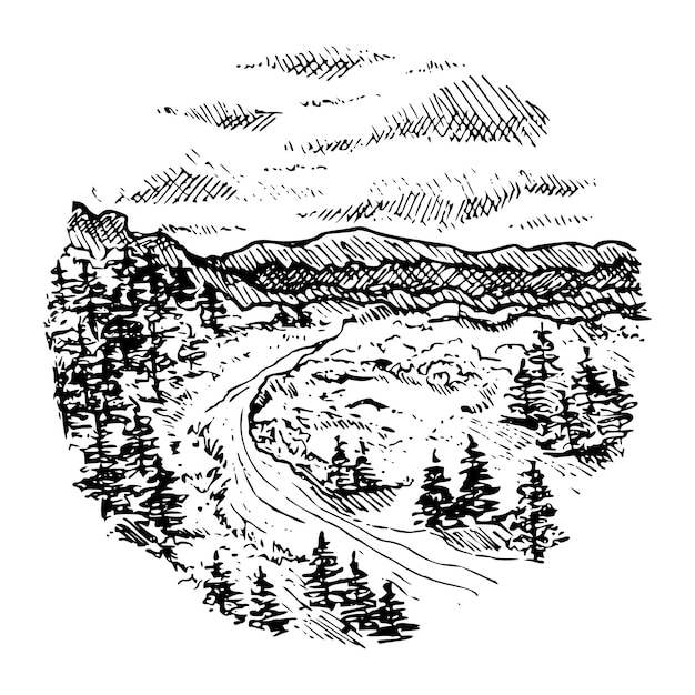 Vektor vektorskizze der landschaft handgezeichnete illustration gravierung natur monochrome zeichnung