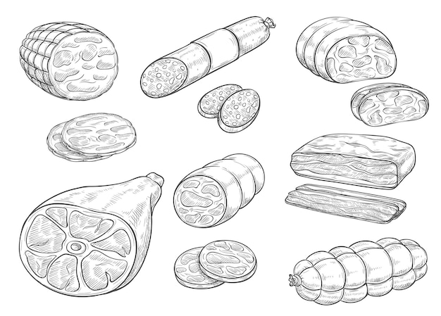 Vektorskizze von fleisch- und wurstwaren