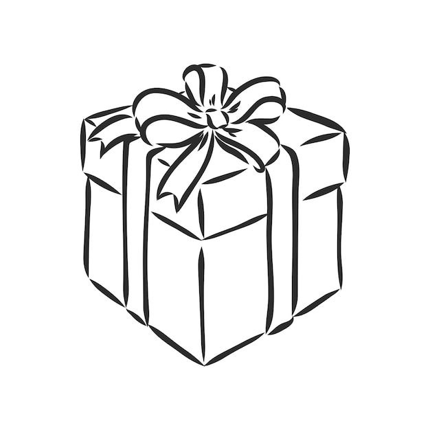 Vektorskizzenillustration - Geschenkbox. Geschenkbox mit Schleife, Vektorskizze auf weißem Hintergrund