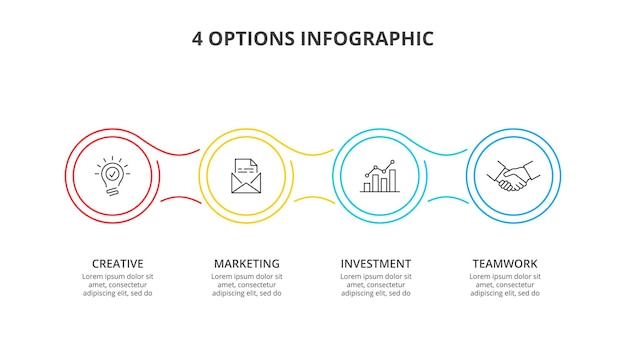 Vektorstrichkreise für infografik-geschäftskonzept mit 4 optionen, teilen, schritten oder prozessen