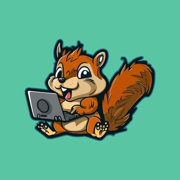 Vektorsüßes eichhörnchen, das niedliche eichhörnchen-netzwerkcomputer und eichhörnchen-cartoon-illustration studiert.