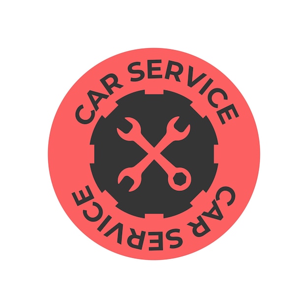 Vektorsymbol Autoservice. Schraubenschlüssel mit Text. Rotes Retro lokalisiert auf weißem Hintergrund. Schlüsselfaust M