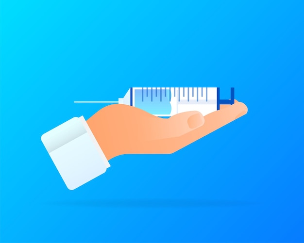 Vektorsymbol für Impfstoff COVID19 Spritze und blaue Impfstofffläschchen Vektorgrafik