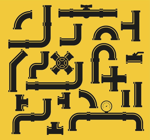 Vektor vektorsymbole für rohrverschraubungen eingestellt vektorillustration für das rohrindustriebau-pipeline-abflusssystem