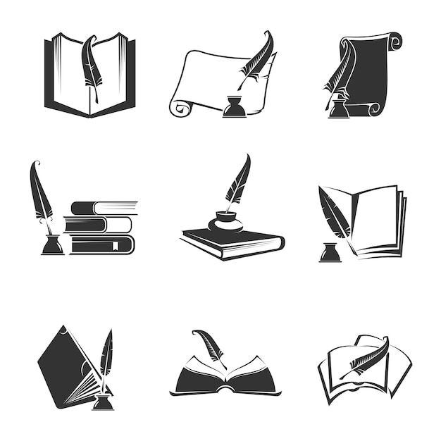 Vektorsymbole für wissenschaft, studium, bildung, wissen. isolierte silhouette umrisssymbole von buch, manuskript, federstift schreiben