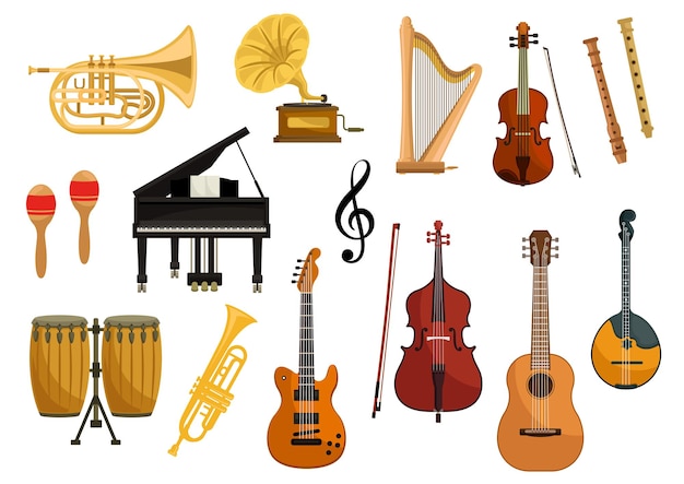 Vektorsymbole von musikinstrumenten. isolierte saiten- und blasmusikinstrumente von becken, trompete, schlagzeug, harfe, grammophon, e-gitarre, geige, kontrabass, saxophon, flöte mandoline musikschlüssel
