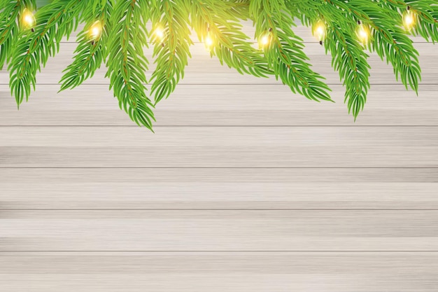 Vektortannenzweige und weihnachtsbeleuchtung auf hölzernem hintergrund neujahrsfeiertagskartenfahnenplakat