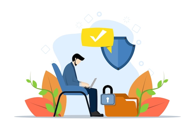 Vektorveranschaulichung des Datenschutzkonzepts mit einer Person, die einen Laptop für den Datenzugriff verwendet