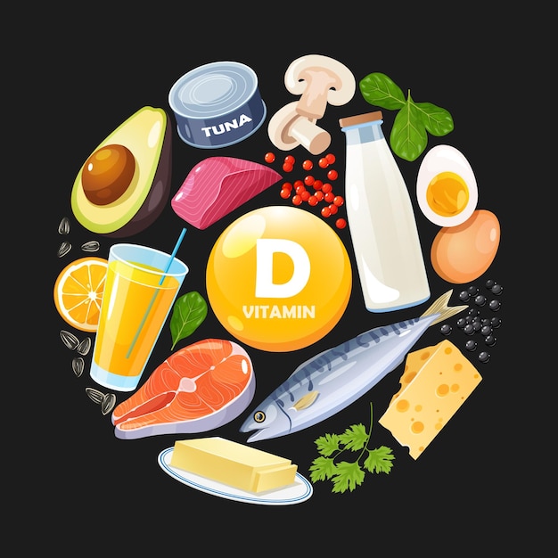 Vektorveranschaulichung von mit Vitamin D angereicherten Produkten für einen gesunden Lebensstil