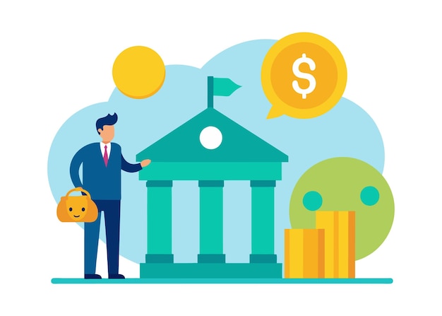 Vektorveranschaulichung von Unternehmensinvestitionen und Geldsparungen in der Bank