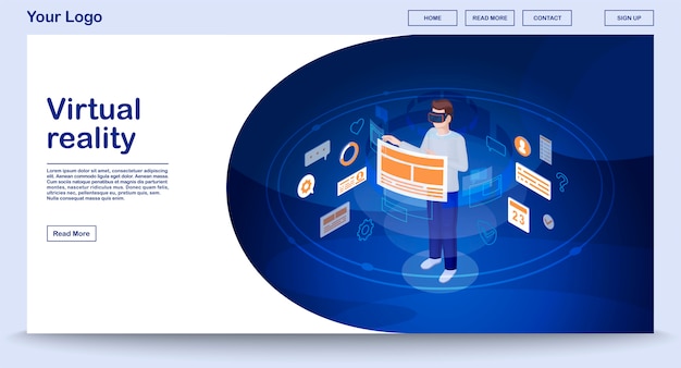 Vektorvorlage der ui-webseite der virtuellen realität mit isometrischer illustration, zielseite