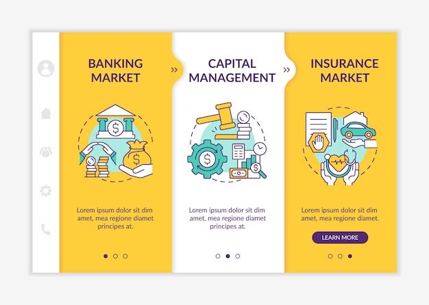 Vektorvorlage für das onboarding der finanzgesetzgebung. responsive mobile website mit symbolen. webseiten-walkthrough-bildschirme in 3 schritten. capital management farbkonzept mit linearen illustrationen