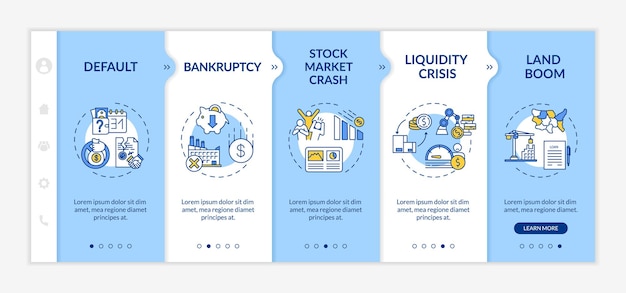 Vektorvorlage für das onboarding der wirtschaftskrise. ausfall, landboo, konkurs, börsencrash. responsive mobile website mit symbolen. schrittbildschirme für die website-walkthrough-schritte. rgb-farbkonzept