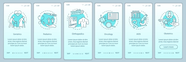 Vektorvorlage für den Onboarding-Bildschirm der mobilen App für die Krankenpflege. Schritt für Schritt durch die Website „Medizin, Gesundheitswesen“. Rehabilitation. Geriatrie, Onkologie, Aidshilfe. UX, UI, GUI Smartphone-Schnittstelle