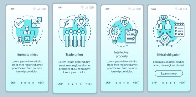 Vektorvorlage für den Onboarding-Bildschirm der mobilen App-Seite für Geschäftsethik. Gewerkschaft, geistiges Eigentum. Walkthrough-Website-Schritte mit linearen Illustrationen. UX, UI, GUI-Smartphone-Schnittstellenkonzept