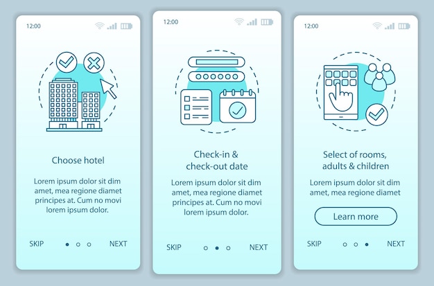 Vektorvorlage für den onboarding-bildschirm für die hotelbuchung in der mobilen app. wahl der unterkunft, wohnung. zimmer auswählen und reservieren. walkthrough-website-schritte. ux, ui, gui-smartphone-schnittstellenkonzept