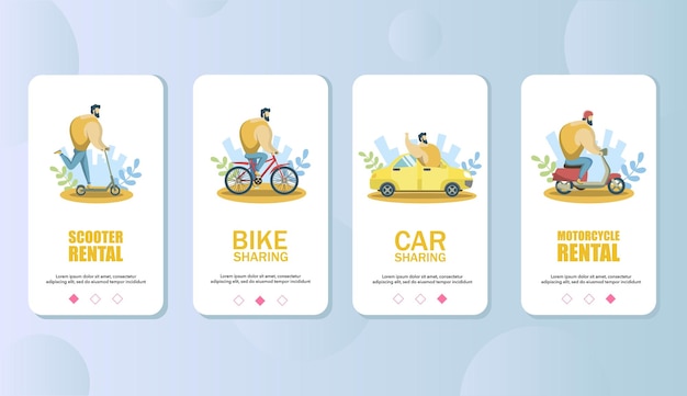 Vektorvorlage für die onboarding-bildschirme der mobilen mietwagen-app