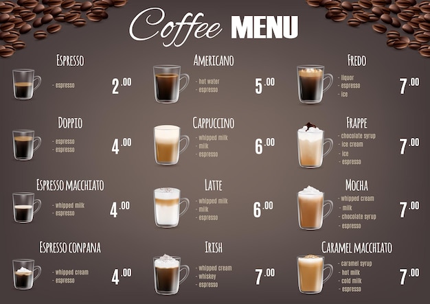 Vektorvorlage für die preisliste der kaffeegetränkekarte