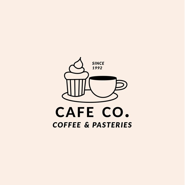 Vektorvorlage lineares Logo für Bäckerei, Café, Cupcake-Laden, Gebäck Emblem mit Cupcake und Kaffeetasse