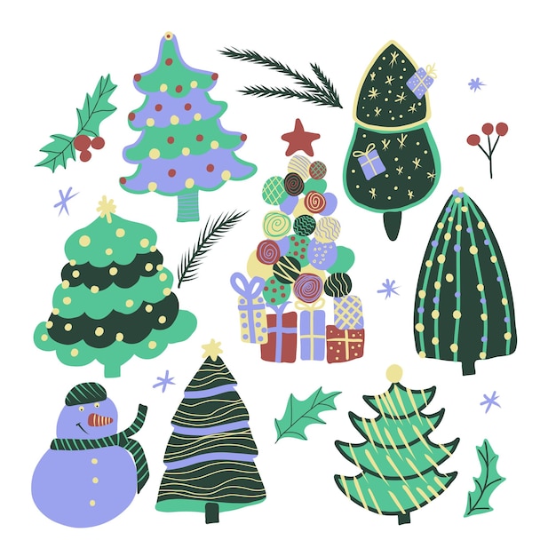 Vektorweihnachtsset mit bunten dekorativen Weihnachtsbäumen und niedlichem kleinem Schneemann