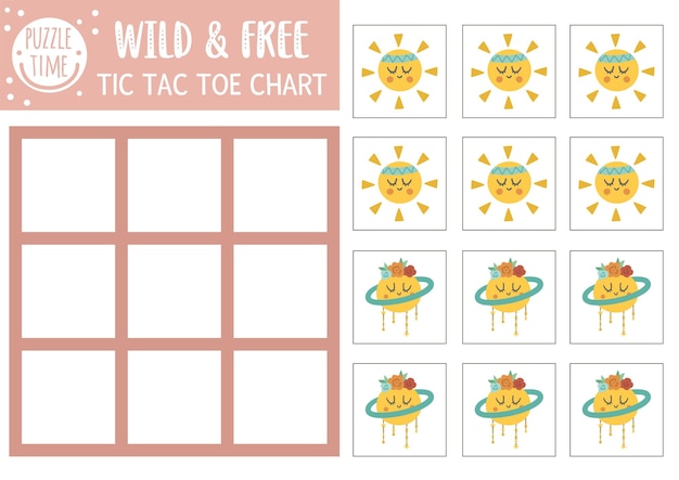 Vektorwildes und kostenloses Tic-Tac-Toe-Diagramm mit niedlichem Planeten und Sonne Ethnisches Natur-Brettspiel-Spielfeld mit lustigem druckbarem Arbeitsblatt für Kinder Nullen und Kreuze Raster xA