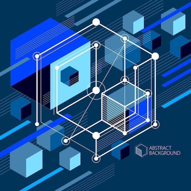 Vektorzeichnung eines blauschwarzen Industriesystems, das mit Linien und 3D-Würfeln erstellt wurde. Moderne geometrische Komposition kann als Vorlage und Layout verwendet werden.