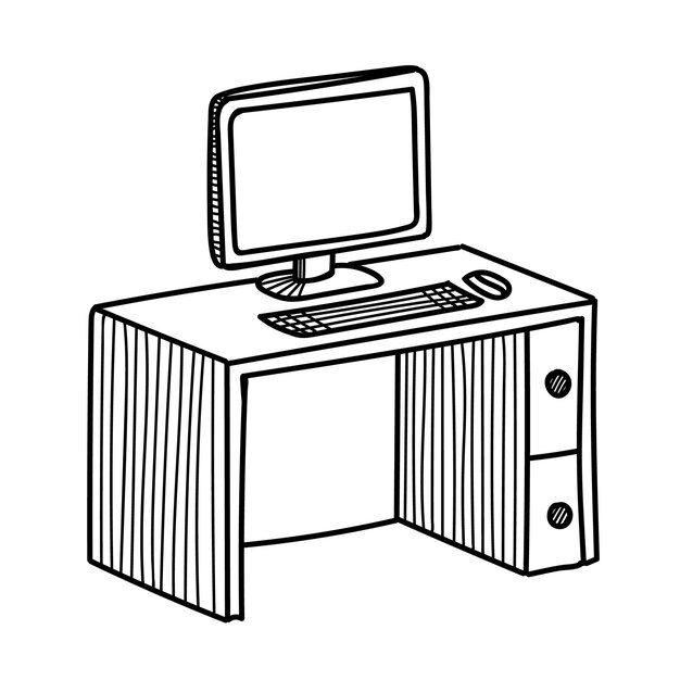 Vektorzeichnung eines Computertisches mit Bildschirm und Tastatur, handgezeichnet in Schwefelweiß auf Weiß