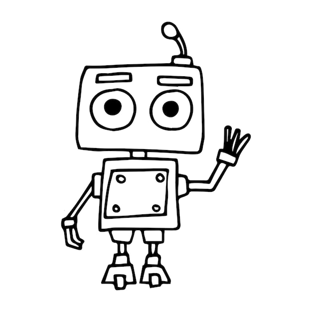 Vektorzeichnung im Doodle-Stil süßer Robot lustiger Charakter für Kinder schwarz-weiße Linie