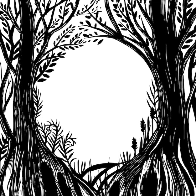vektorzeichnung, schwarz-weißer magischer waldrahmen. Silhouette eines fabelhaften, magischen Waldes.
