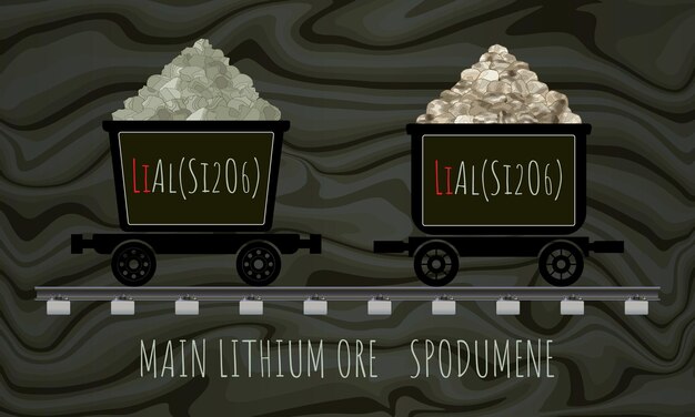 Vektorzeichnung von SPODUMENE in Schlitten. Handgezeichnetes Bild LITHIUMERZ Lithiumhaltiges Mineral