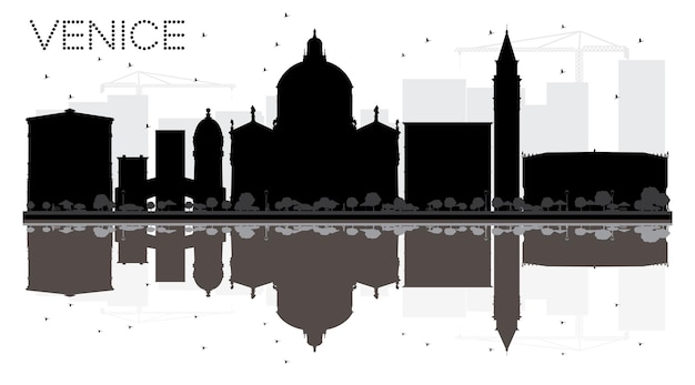 Venedig city skyline schwarz-weiß-silhouette mit reflexion. vektor-illustration. einfaches flaches konzept für tourismuspräsentation, banner, plakat oder website. stadtbild mit wahrzeichen.