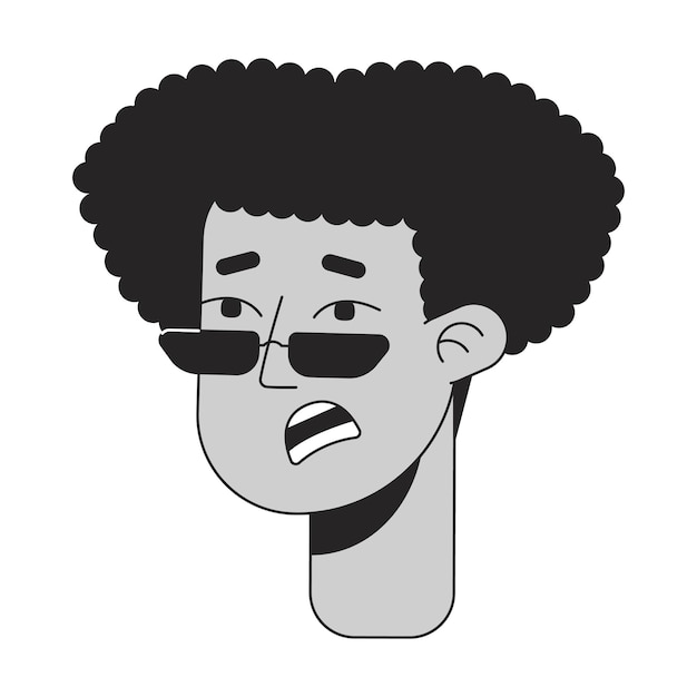 Vektor verängstigter junger mann mit afro-locken, monochromer flacher linearer charakterkopf, bearbeitbarer umriss, handgezeichnetes menschliches gesichtssymbol, 2d-cartoon-spot-vektor-avatar-illustration für animation