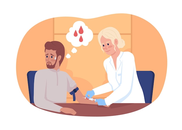 Verängstigter patient bei der blutentnahme 2d-vektor isolierte illustration