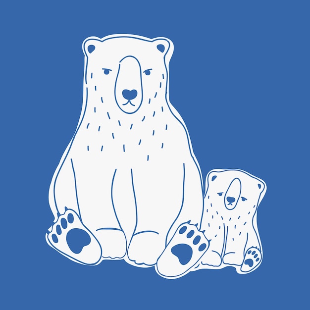 Verärgerte mutter und traurige baby-eisbärenhand gezeichnet mit konturlinien auf blauem hintergrund.