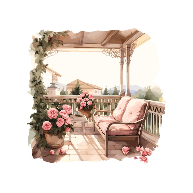 Vektor veranda mit rosen vektor-clipart-illustration mit isoliertem hintergrund