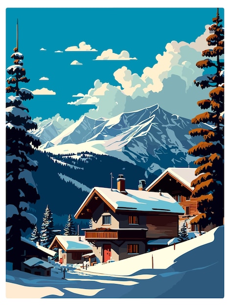 Verbier Ski Ski Vintage Reiseposter Souvenir Postkarte Porträtmalerei WPA-Illustration