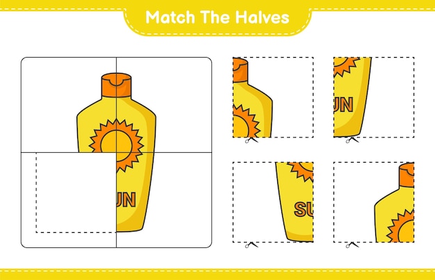 Verbinde die hälften. hälften der sonnencreme angleichen. pädagogisches kinderspiel, druckbares arbeitsblatt