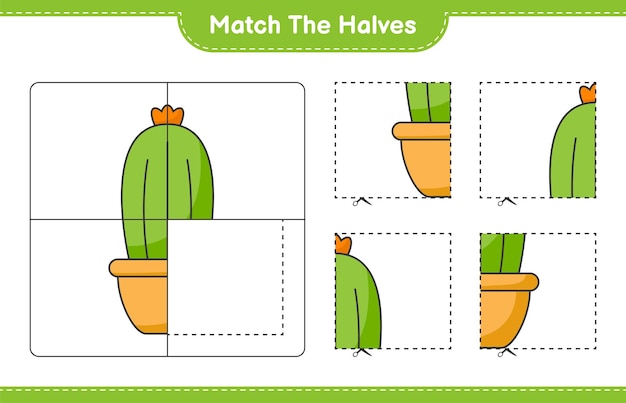 Verbinde die hälften. kaktushälften zusammenbringen. pädagogisches kinderspiel, druckbares arbeitsblatt